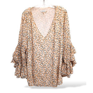 Calvin Klein Boho Blouse Sz 2X Beige Floral Ruffle Puff Sleeve Gypsy Cottagecore